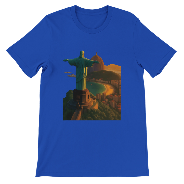 True royal blue Christ the Redeemer animated travel t-shirt with Rio de Janeiro Brazil landmark artwork. Durable breathable cotton streetwear tee for globe trotters and culture inspired fashion.