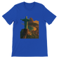 True royal blue Christ the Redeemer animated travel t-shirt with Rio de Janeiro Brazil landmark artwork. Durable breathable cotton streetwear tee for globe trotters and culture inspired fashion.