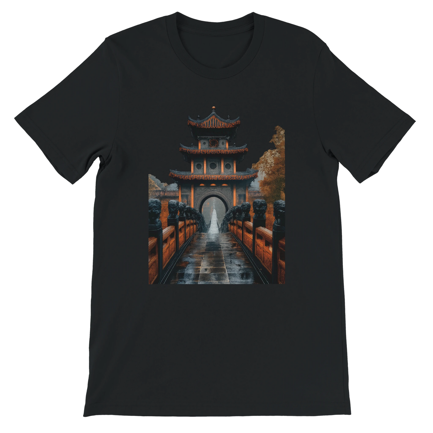 Black Ancient Chinese Mega Bridge animated style t-shirt featuring colorful travel inspired artwork soft premium cotton with clean vibrant DTG print perfect for modern streetwear lovers cultural fashion trends and travel photography outfits