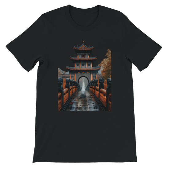 Black Ancient Chinese Mega Bridge animated style t-shirt featuring colorful travel inspired artwork soft premium cotton with clean vibrant DTG print perfect for modern streetwear lovers cultural fashion trends and travel photography outfits