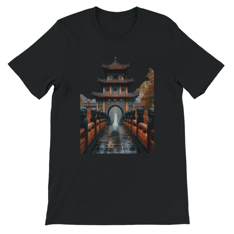Black Ancient Chinese Mega Bridge animated style t-shirt featuring colorful travel inspired artwork soft premium cotton with clean vibrant DTG print perfect for modern streetwear lovers cultural fashion trends and travel photography outfits