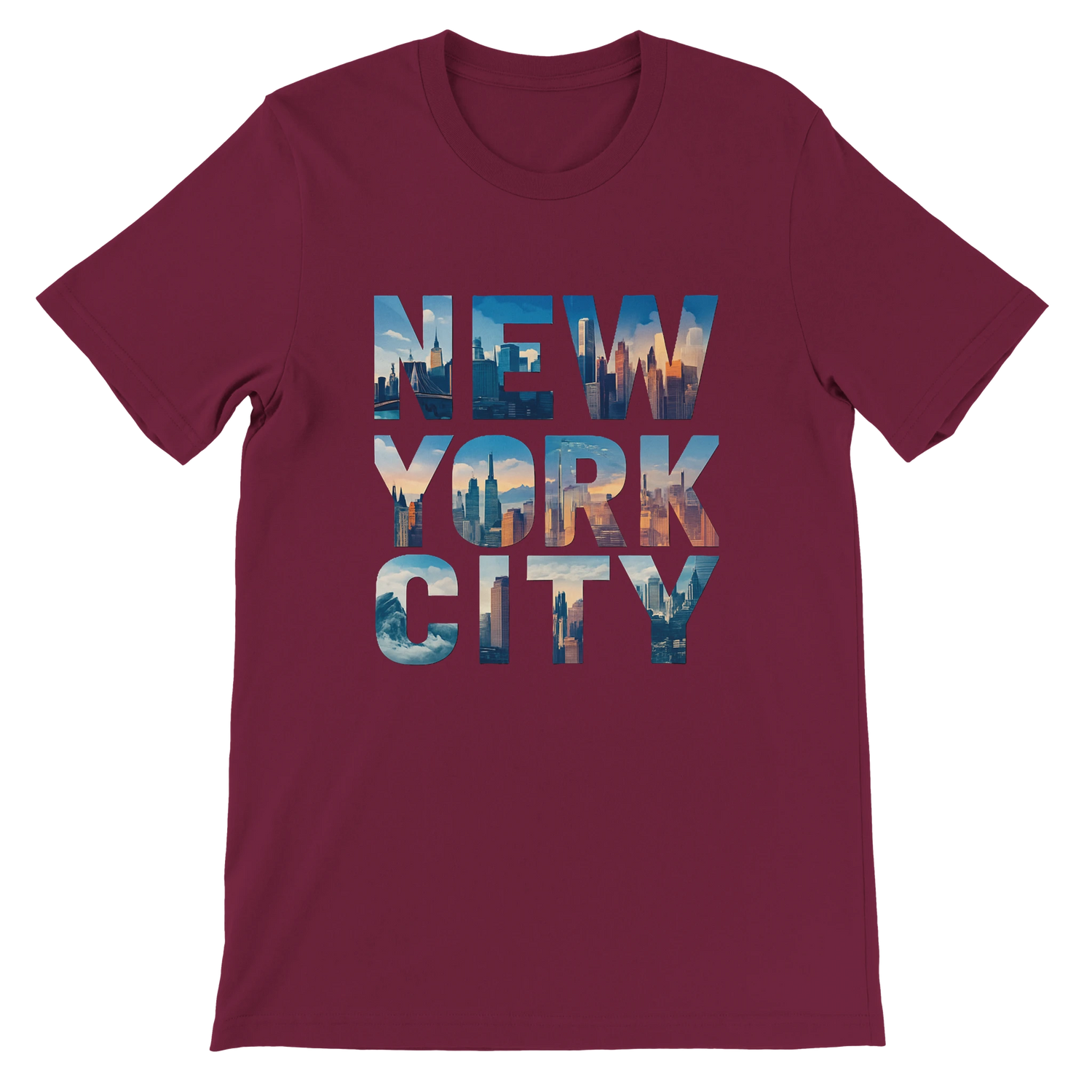 Maroon NYC skyline graphic tee with animated lettering design comfortable soft cotton fabric versatile streetwear piece perfect for New York lovers and travel enthusiasts