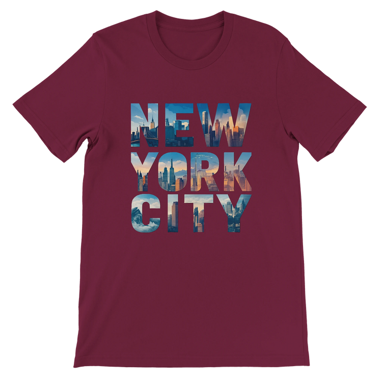 Maroon NYC skyline graphic tee with animated lettering design comfortable soft cotton fabric versatile streetwear piece perfect for New York lovers and travel enthusiasts