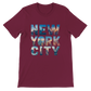 Maroon NYC skyline graphic tee with animated lettering design comfortable soft cotton fabric versatile streetwear piece perfect for New York lovers and travel enthusiasts