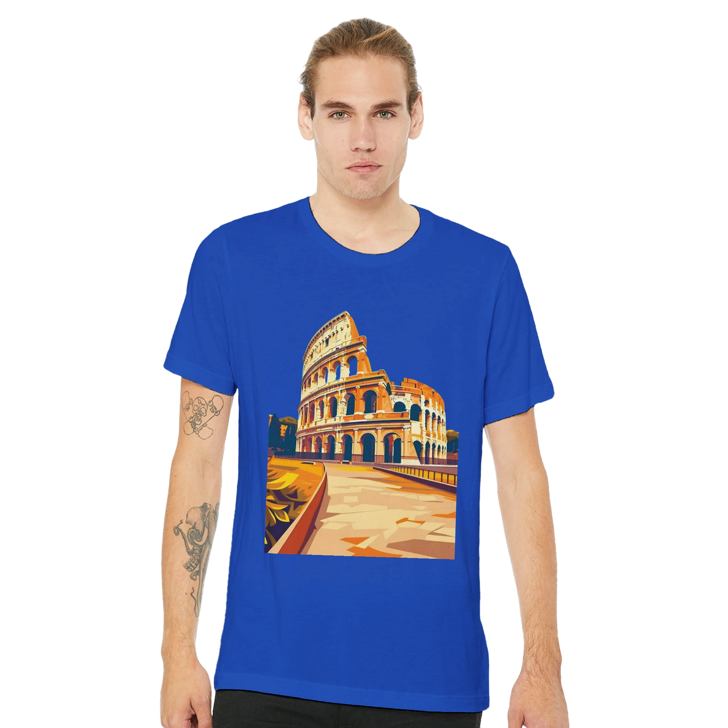Rome Colosseum travel souvenir t-shirt with animated landmark design printed on premium cotton for travelers, backpackers and Italy vacation lovers. Unisex Rome streetwear perfect for sightseeing and exploring historical sites.