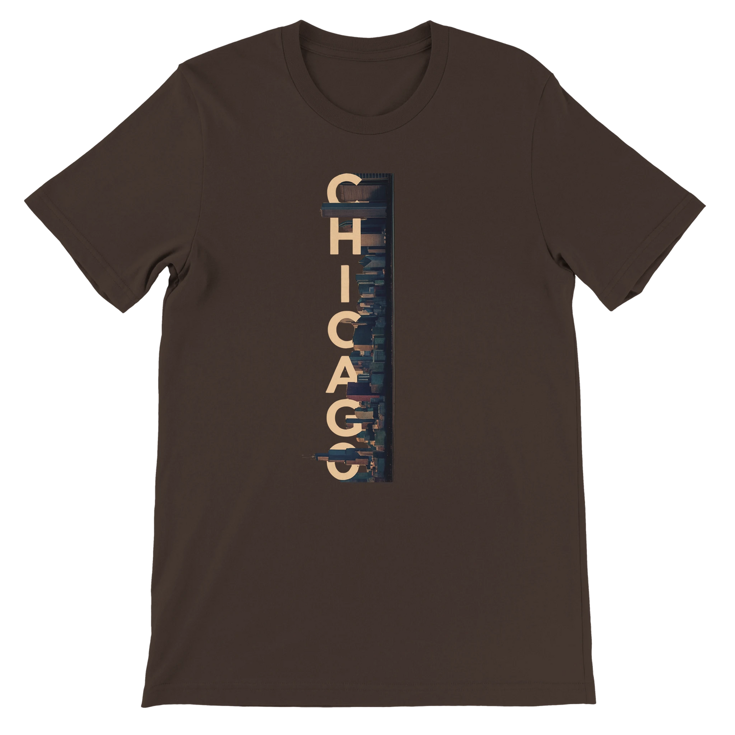 Brown Chicago City Graphic T Shirt with bold animated skyline illustration stylish travel streetwear tee for Chicago culture lovers and urban fashion enthusiasts