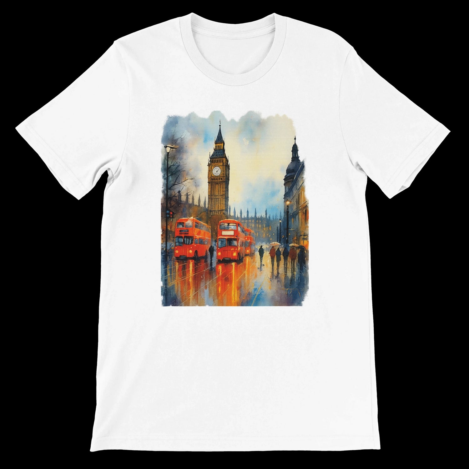 White Big Ben t-shirt with London city graphic and red double decker buses.