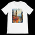 White Big Ben t-shirt with London city graphic and red double decker buses.