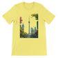 Yellow Toronto city skyline t shirt with animated CN Tower design printed on premium cotton for a soft breathable feel. Travel themed streetwear top for explorers and city lovers who enjoy vibrant landmark artwork and modern urban fashion. High quality DTG printed tee perfect for casual wear and gifting.