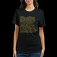 Woman wearing a black cotton t-shirt with gold Egypt map calligraphy.