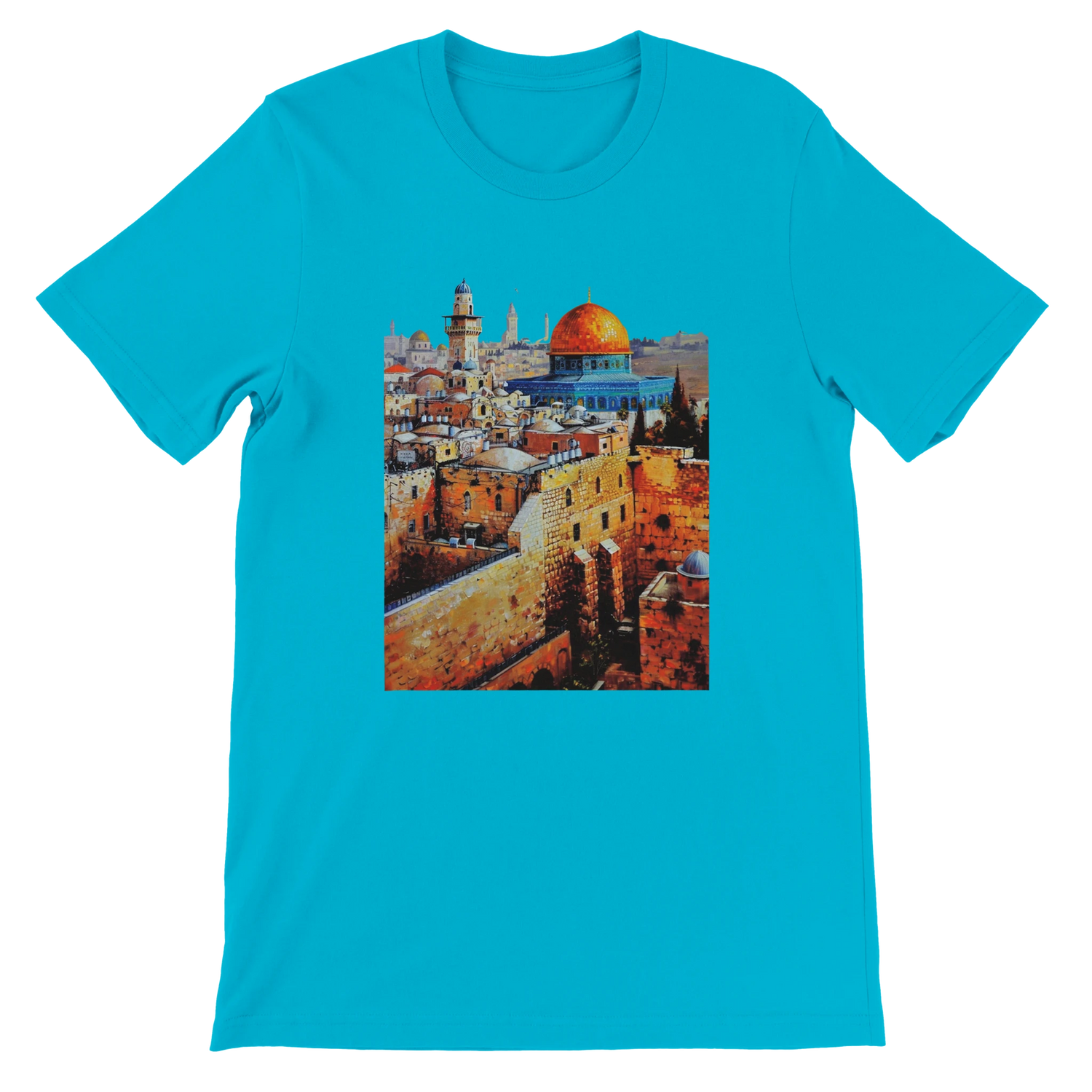 Turquoise Al Aqsa Mosque animated style travel T-shirt with colorful artistic mosque design. Soft breathable cotton unisex tee perfect for cultural heritage fashion lovers and modern streetwear collectors.