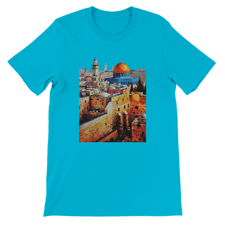 Turquoise Al Aqsa Mosque animated style travel T-shirt with colorful artistic mosque design. Soft breathable cotton unisex tee perfect for cultural heritage fashion lovers and modern streetwear collectors.