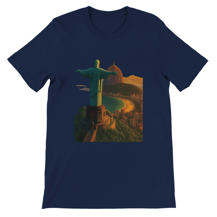 Navy animated Christ the Redeemer t-shirt featuring Rio de Janeiro Brazil landmark artwork. Unisex cotton streetwear tee for travel enthusiasts and urban fashion trends.
