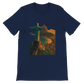 Navy animated Christ the Redeemer t-shirt featuring Rio de Janeiro Brazil landmark artwork. Unisex cotton streetwear tee for travel enthusiasts and urban fashion trends.
