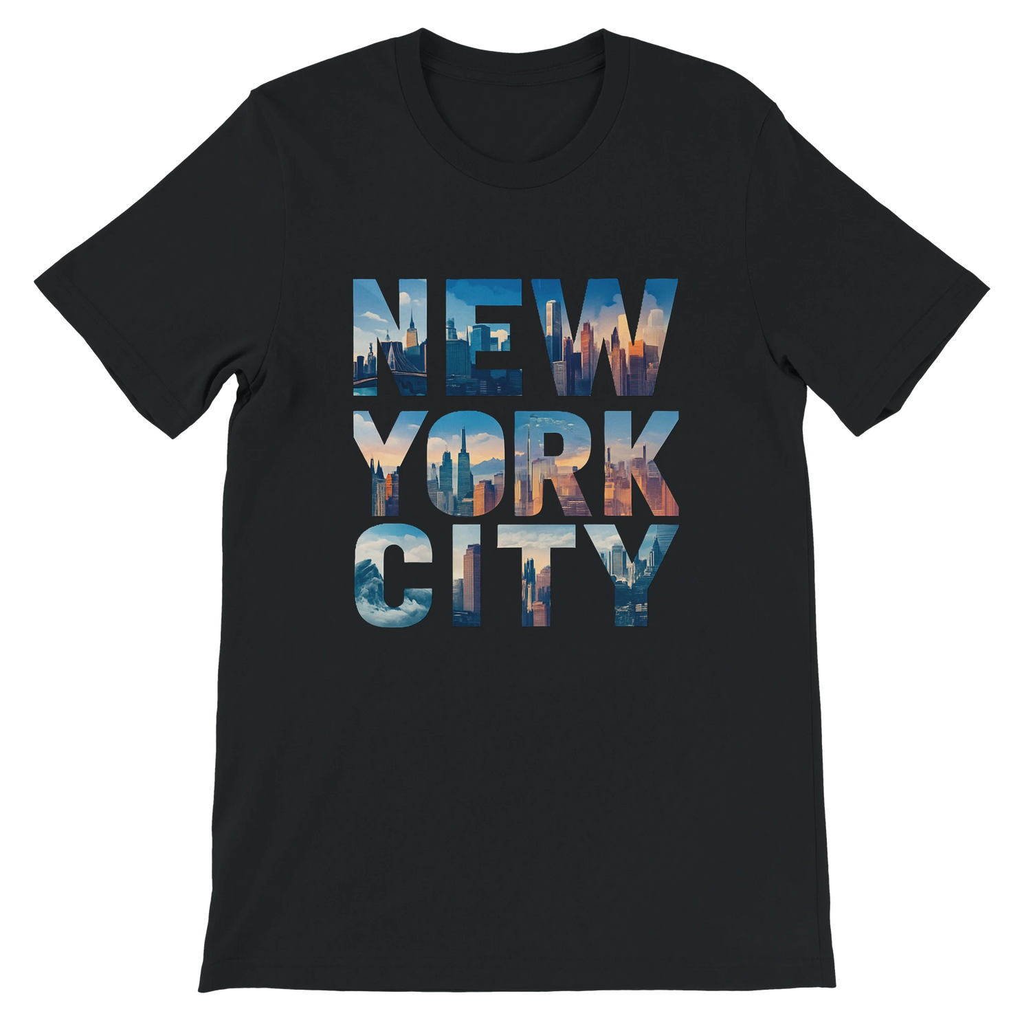Black New York City animated skyline graphic t shirt premium soft cotton trendy unisex fit streetwear essential perfect for travel enthusiasts and urban fashion fans