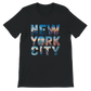 Black New York City animated skyline graphic t shirt premium soft cotton trendy unisex fit streetwear essential perfect for travel enthusiasts and urban fashion fans