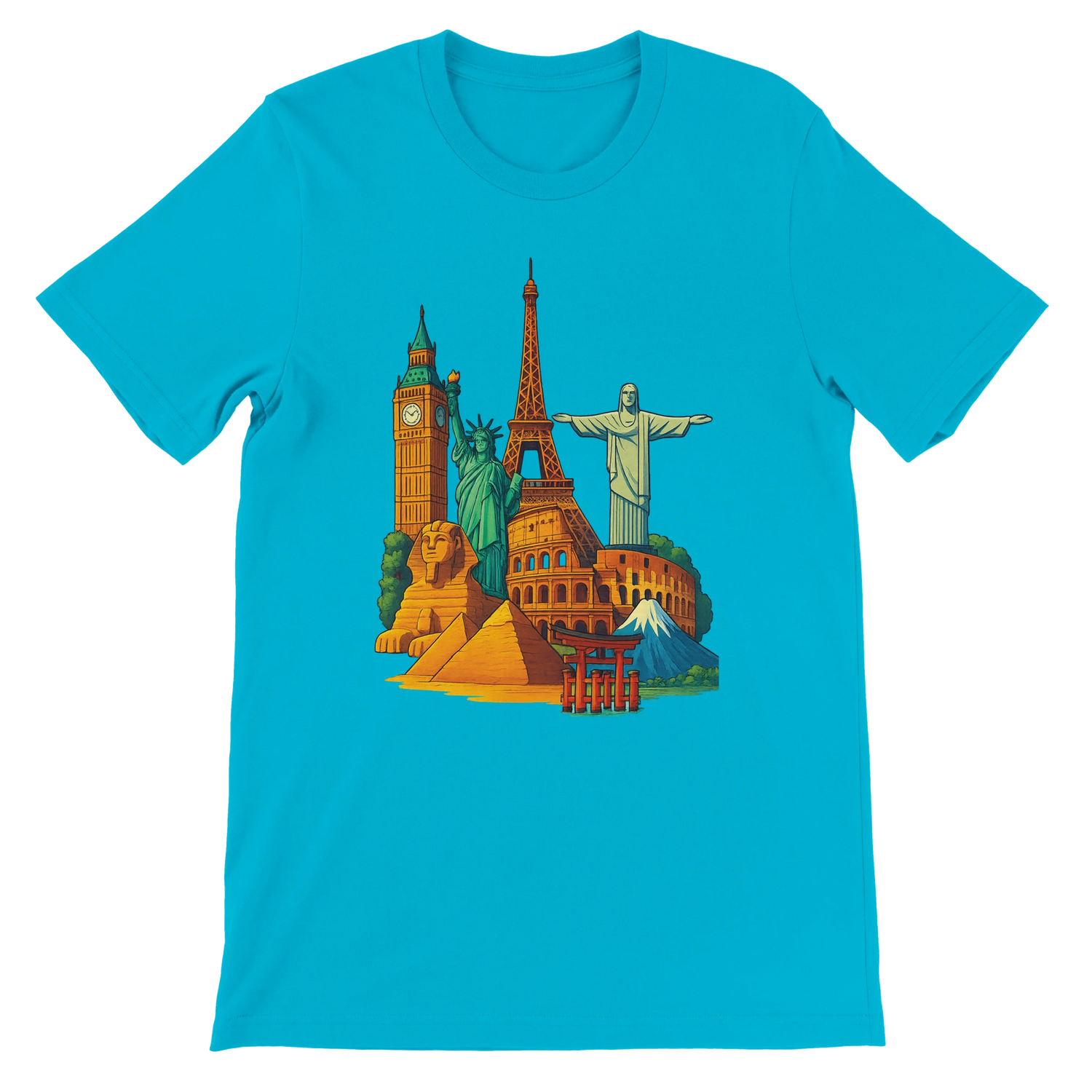 Turquoise Famous Landmarks Animated Style T-Shirt featuring bold graphic prints of famous monuments with a vibrant travel theme made for comfort and style in premium soft cotton with a unisex fit for streetwear fashion lovers and tourism inspired outfits
