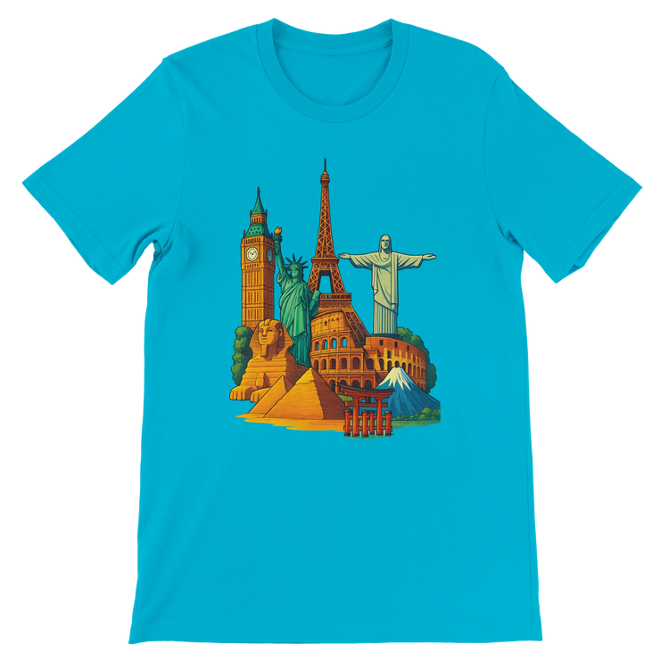 Turquoise Famous Landmarks Animated Style T-Shirt featuring bold graphic prints of famous monuments with a vibrant travel theme made for comfort and style in premium soft cotton with a unisex fit for streetwear fashion lovers and tourism inspired outfits