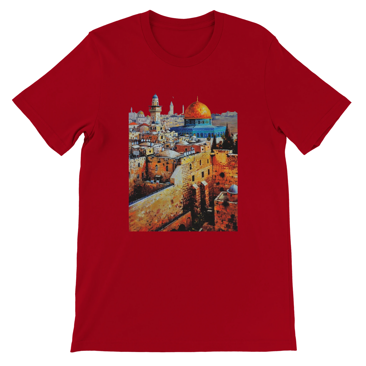 Red Al Aqsa Mosque animated style T-shirt featuring bold and colorful mosque design. Soft unisex premium cotton tee perfect for cultural pride travel style and streetwear fashion.