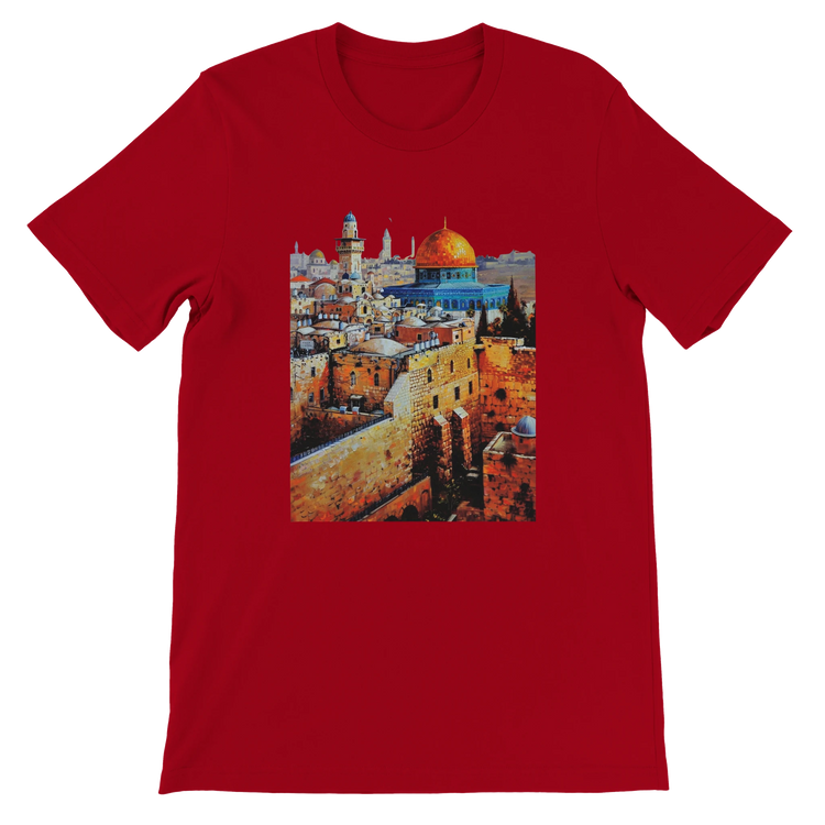 Red Al Aqsa Mosque animated style T-shirt featuring bold and colorful mosque design. Soft unisex premium cotton tee perfect for cultural pride travel style and streetwear fashion.