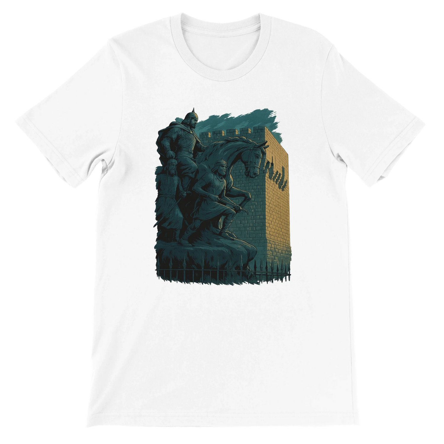 White graphic t-shirt featuring animated Salah Al Din statue in Damascus Syria design with bold colors and cultural art. Soft 100 percent cotton tee perfect for streetwear, travel lovers, and modern Arabic-inspired fashion. DTG ready eco-friendly print shirt for global heritage expression.