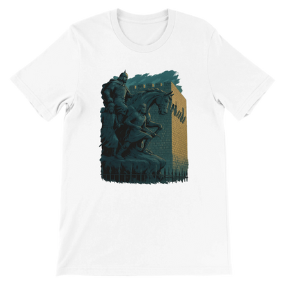 White graphic t-shirt featuring animated Salah Al Din statue in Damascus Syria design with bold colors and cultural art. Soft 100 percent cotton tee perfect for streetwear, travel lovers, and modern Arabic-inspired fashion. DTG ready eco-friendly print shirt for global heritage expression.