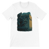 White graphic t-shirt featuring animated Salah Al Din statue in Damascus Syria design with bold colors and cultural art. Soft 100 percent cotton tee perfect for streetwear, travel lovers, and modern Arabic-inspired fashion. DTG ready eco-friendly print shirt for global heritage expression.
