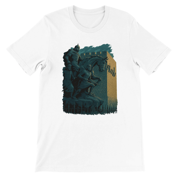 White graphic t-shirt featuring animated Salah Al Din statue in Damascus Syria design with bold colors and cultural art. Soft 100 percent cotton tee perfect for streetwear, travel lovers, and modern Arabic-inspired fashion. DTG ready eco-friendly print shirt for global heritage expression.