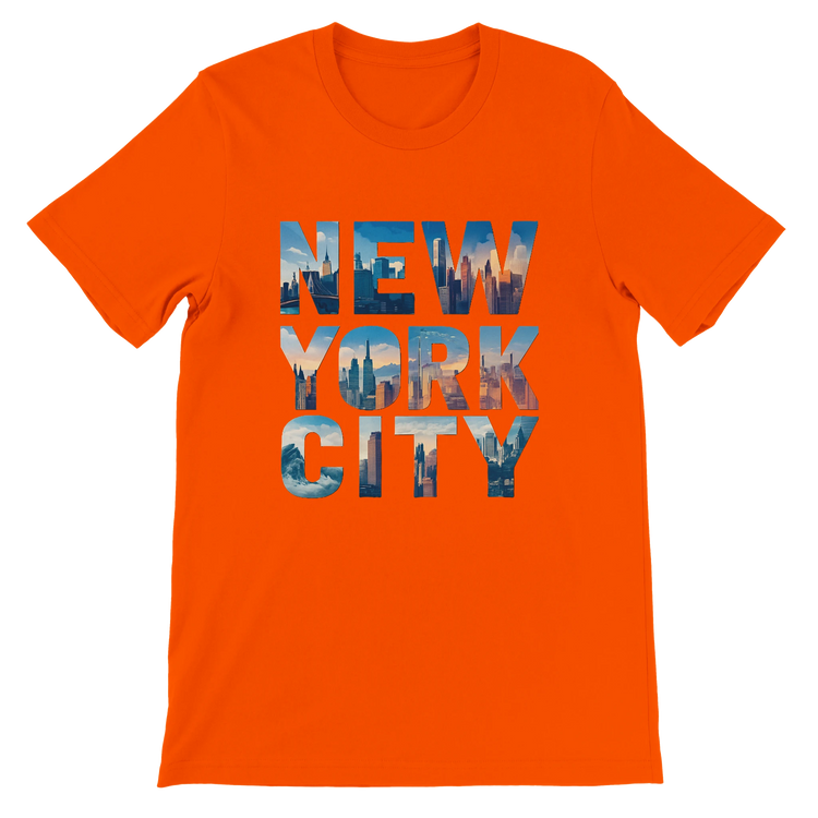 Vibrant orange New York City skyline graphic tee animated urban landmark design soft cotton unisex fit perfect for stylish travel inspired outfits and everyday streetwear looks