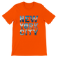 Vibrant orange New York City skyline graphic tee animated urban landmark design soft cotton unisex fit perfect for stylish travel inspired outfits and everyday streetwear looks