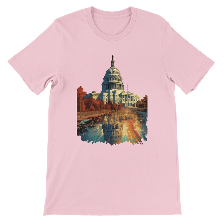 Pink unisex cotton t-shirt with animated White House print celebrating Washington DC. Vibrant travel-inspired design perfect for fashion-forward explorers and lovers of urban-style DTG graphic tees.