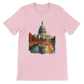 Pink unisex cotton t-shirt with animated White House print celebrating Washington DC. Vibrant travel-inspired design perfect for fashion-forward explorers and lovers of urban-style DTG graphic tees.