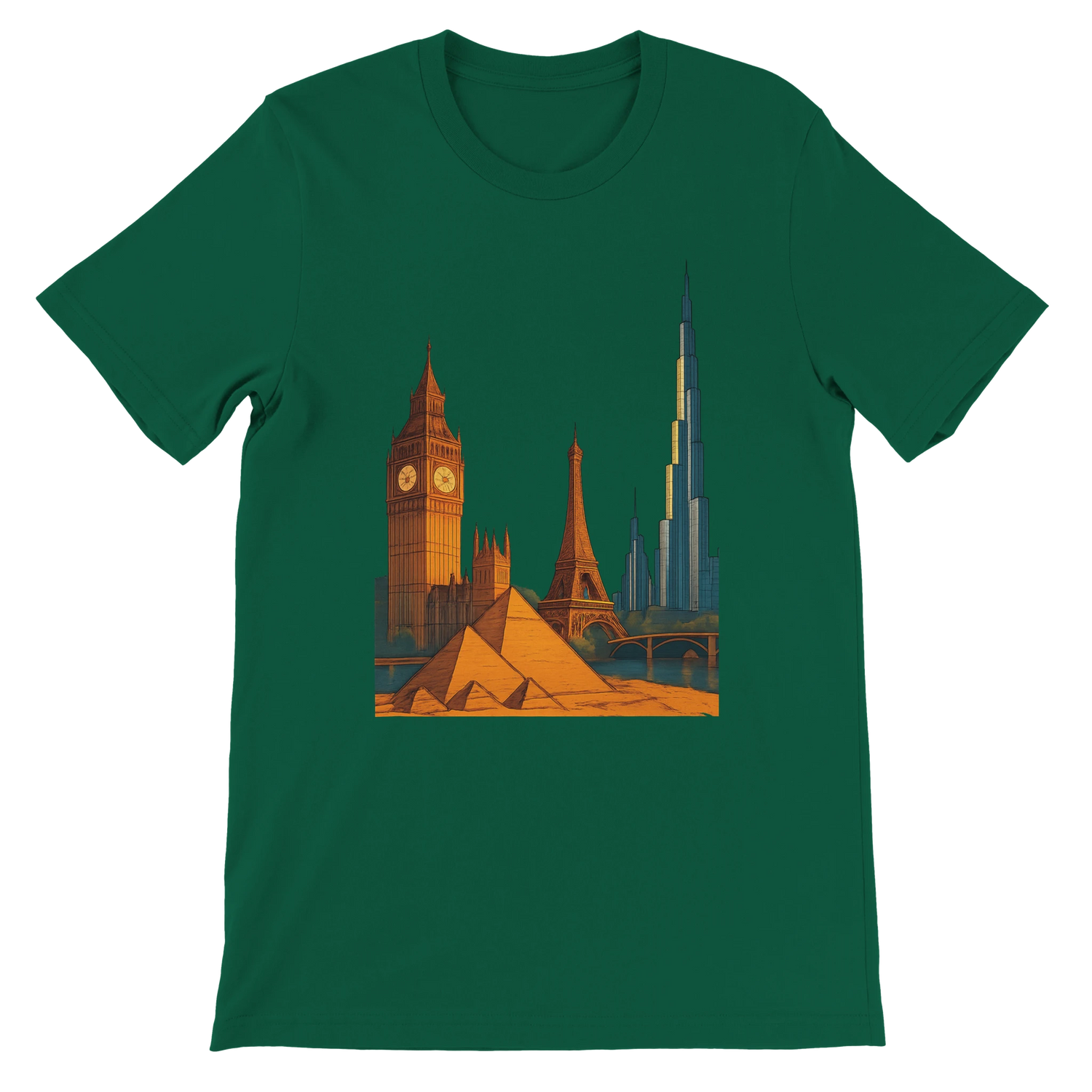 Evergreen City Landmarks Animated T Shirt with bold and colorful animated designs of architectural wonders from across the world. Soft breathable cotton tee for travelers streetwear lovers and fans of vibrant city skyline fashion.