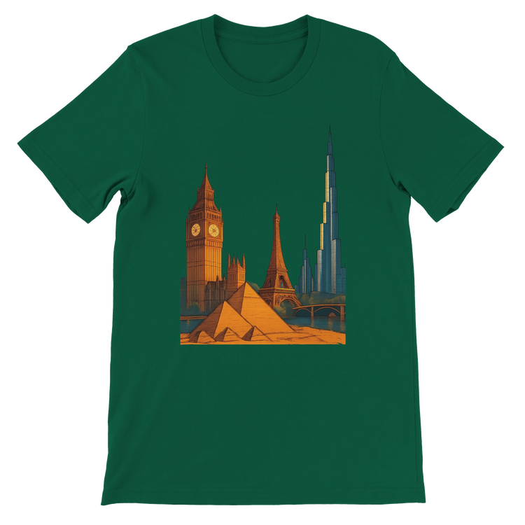 Evergreen City Landmarks Animated T Shirt with bold and colorful animated designs of architectural wonders from across the world. Soft breathable cotton tee for travelers streetwear lovers and fans of vibrant city skyline fashion.