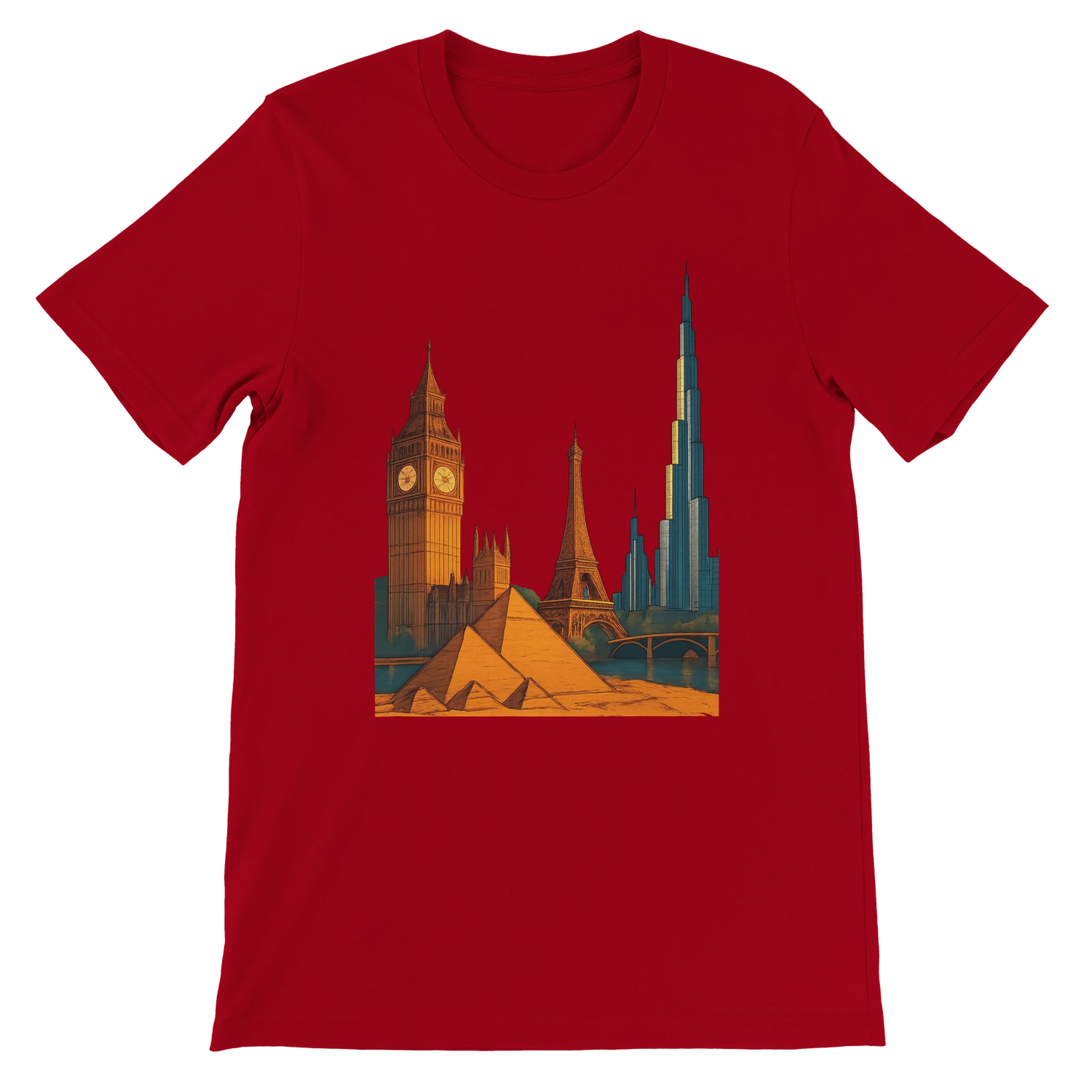Red City Landmarks Animated T Shirt featuring bright animated drawings of iconic world cities and tourist destinations. Soft comfortable travel themed graphic tee for wanderlust fashion fans streetwear lovers and architecture admirers.
