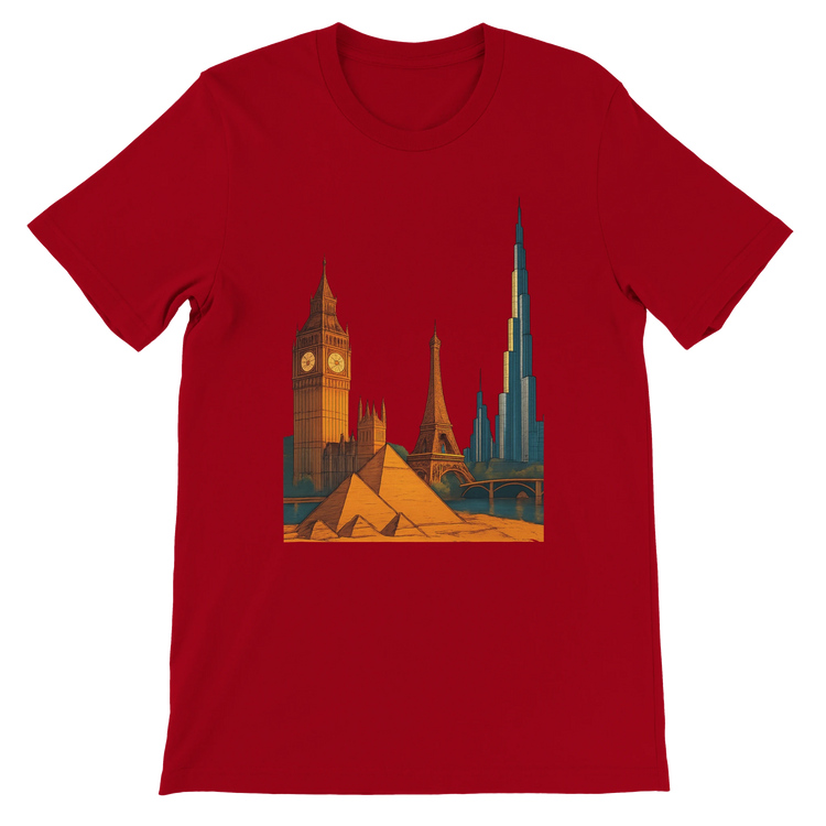Red City Landmarks Animated T Shirt featuring bright animated drawings of iconic world cities and tourist destinations. Soft comfortable travel themed graphic tee for wanderlust fashion fans streetwear lovers and architecture admirers.