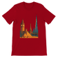 Red City Landmarks Animated T Shirt featuring bright animated drawings of iconic world cities and tourist destinations. Soft comfortable travel themed graphic tee for wanderlust fashion fans streetwear lovers and architecture admirers.