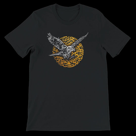 Black t-shirt with falcon calligraphy design, blending art and style.