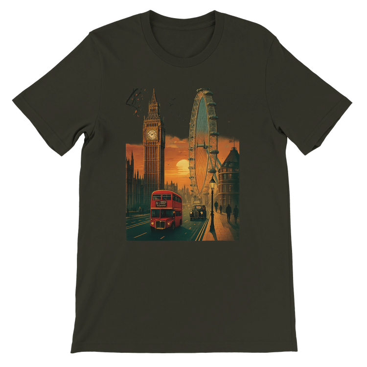 Dark Olive London City Animated Style cotton T-shirt with colorful London city print unisex streetwear fashion tee for travel lovers and cultural explorers