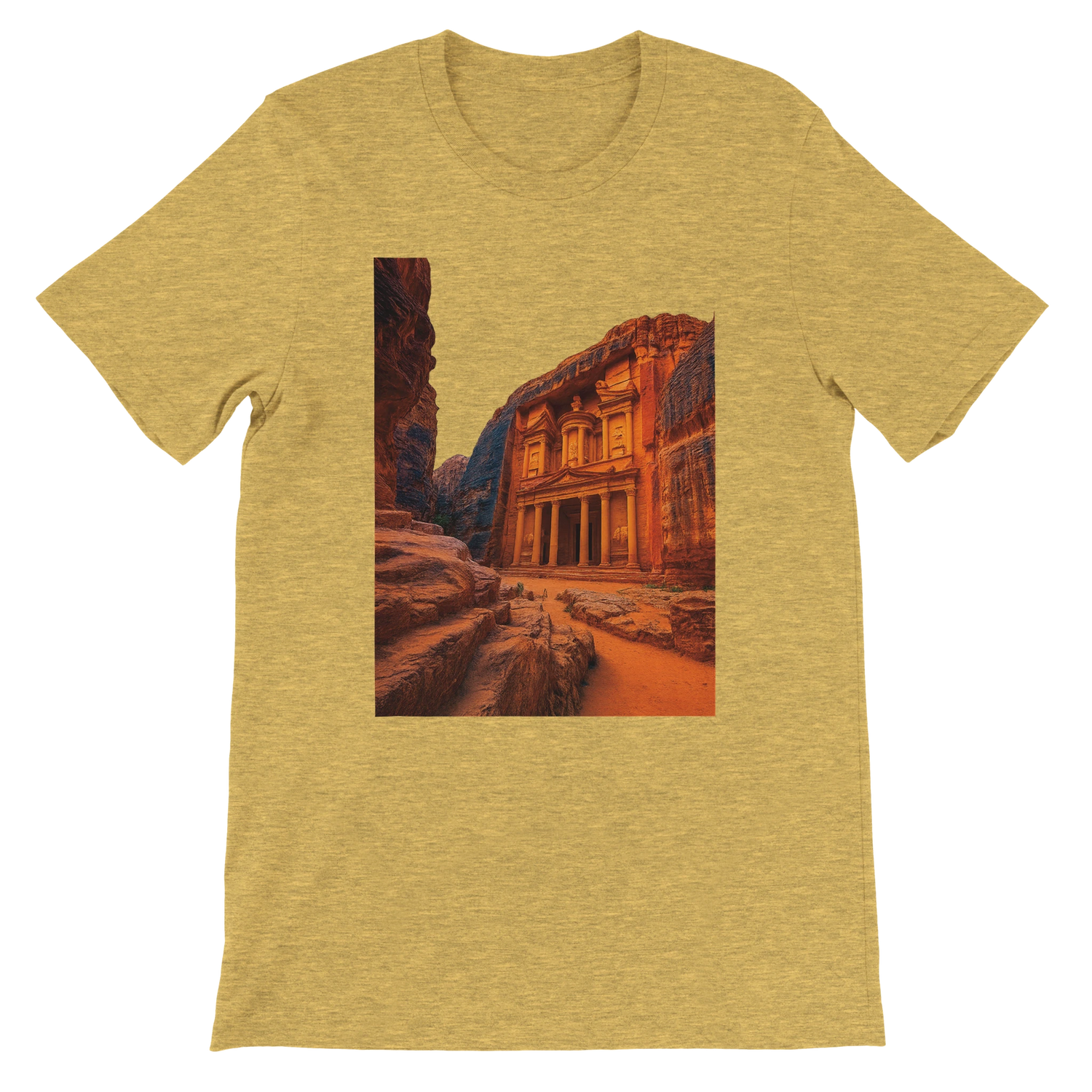 Heather yellow gold Petra in Jordan animated landmark shirt soft breathable cotton fabric vibrant travel themed art unisex streetwear essential for global culture fashion and adventure clothing collections