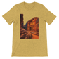 Heather yellow gold Petra in Jordan animated landmark shirt soft breathable cotton fabric vibrant travel themed art unisex streetwear essential for global culture fashion and adventure clothing collections