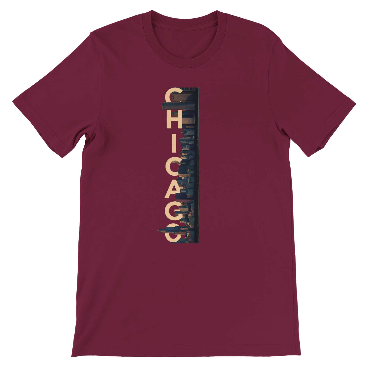 Maroon Chicago City Graphic T Shirt featuring animated skyline art premium urban streetwear apparel for Chicago fans travelers and city landmark fashion lovers