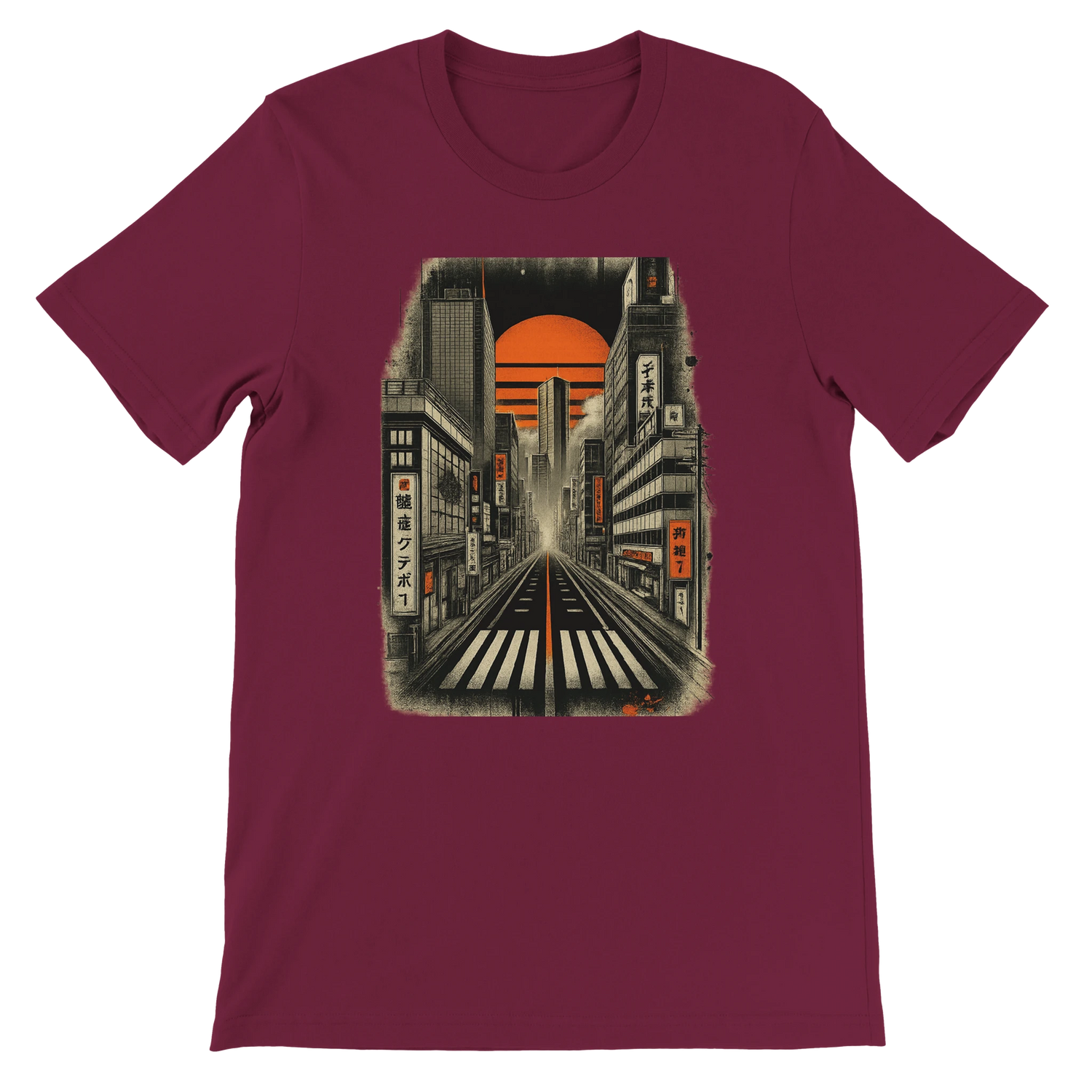 Maroon Tokyo Nights animated graphic tee with vibrant neon cityscape Japanese streetwear fashion inspired design breathable premium cotton unisex fit eco friendly apparel perfect for Tokyo travel lovers and anime culture fans