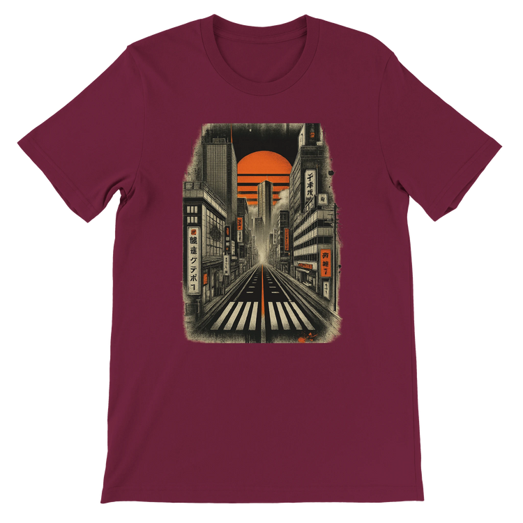Maroon Tokyo Nights animated graphic tee with vibrant neon cityscape Japanese streetwear fashion inspired design breathable premium cotton unisex fit eco friendly apparel perfect for Tokyo travel lovers and anime culture fans