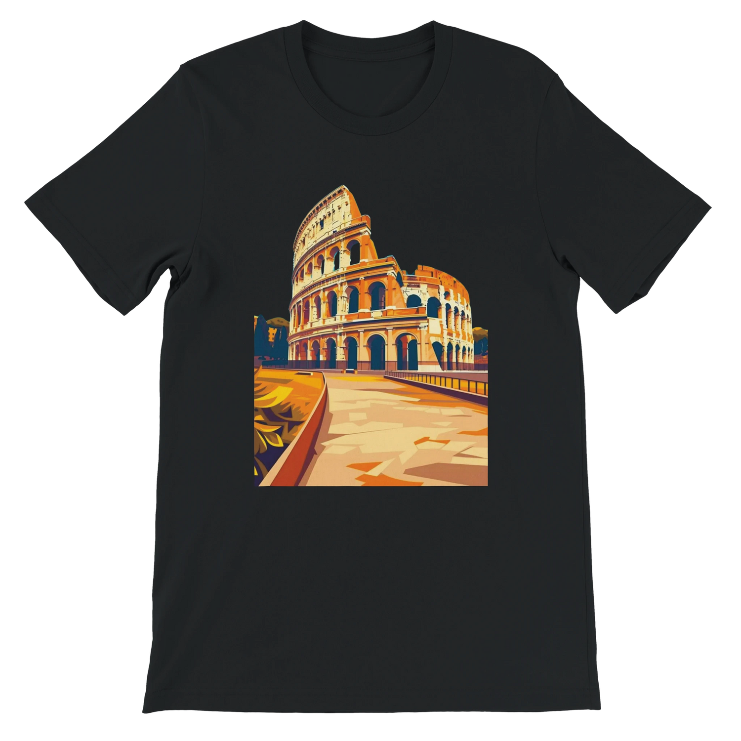 Black Rome Colosseum animated graphic tee with detailed Italian landmark design for travel lovers and history fans. Premium cotton unisex streetwear shirt for global culture fashion and print on demand enthusiasts.