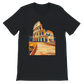 Black Rome Colosseum animated graphic tee with detailed Italian landmark design for travel lovers and history fans. Premium cotton unisex streetwear shirt for global culture fashion and print on demand enthusiasts.
