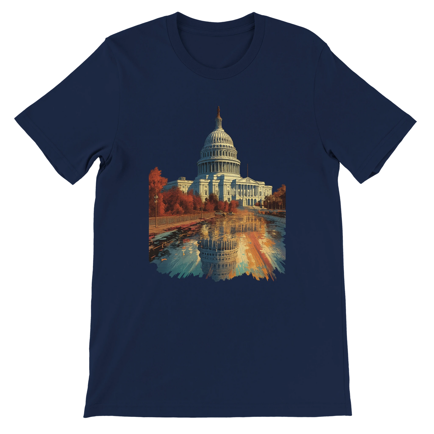 Navy blue animated landmark t-shirt featuring Washington DC’s White House. Durable cotton fabric for DTG printing perfect for streetwear collections focused on global exploration and iconic cities.