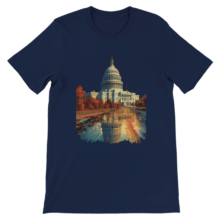 Navy blue animated landmark t-shirt featuring Washington DC’s White House. Durable cotton fabric for DTG printing perfect for streetwear collections focused on global exploration and iconic cities.