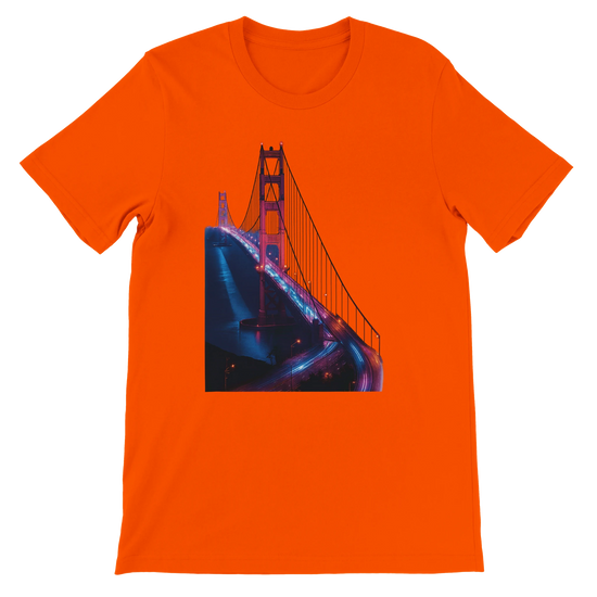 Orange Golden Gate Bridge animated landmark t shirt made for bold streetwear lovers and travel enthusiasts. Soft cotton unisex tee with iconic city design ideal for casual outfits and global culture inspired fashion.
