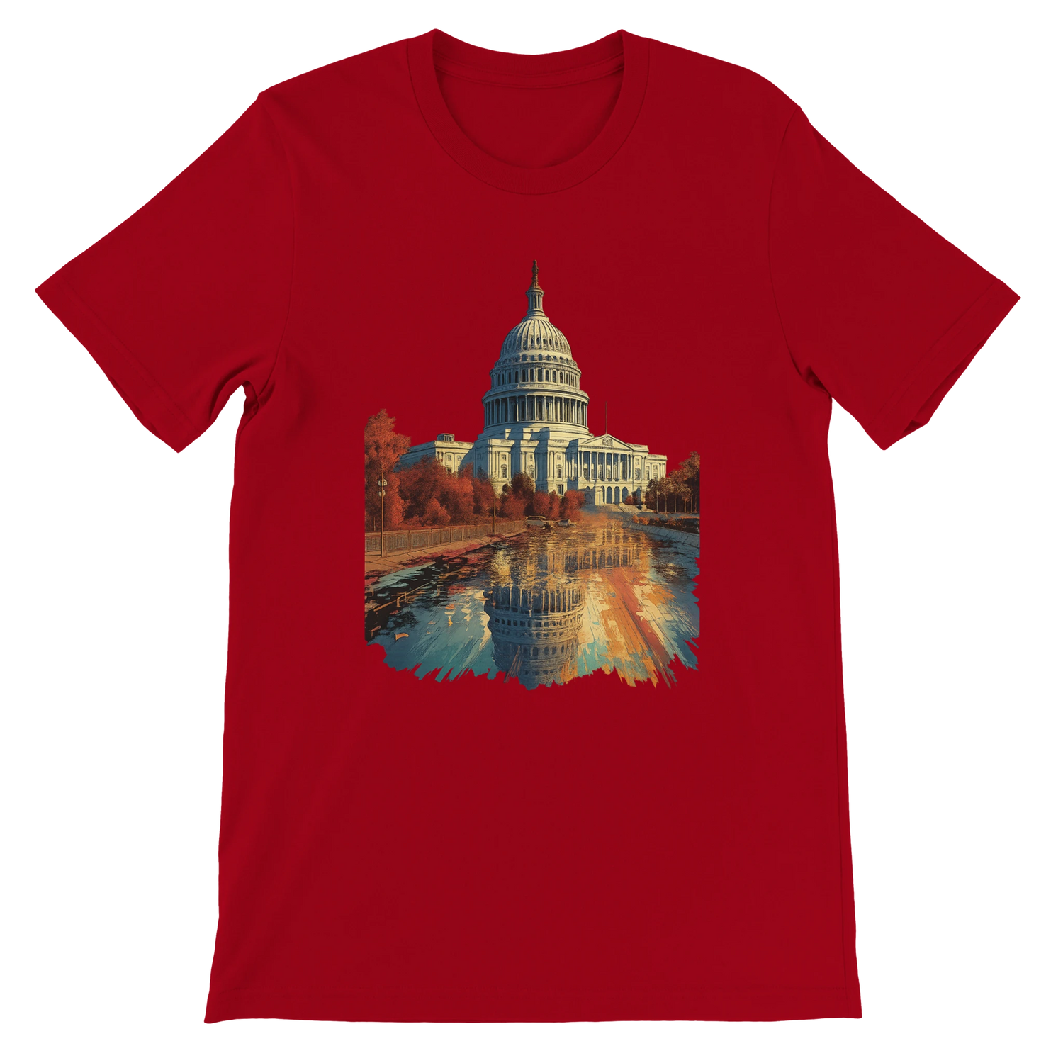 Red graphic t-shirt with bold animated White House design celebrating Washington DC. Stylish DTG printing tee for modern travelers and fans of statement-making urban apparel.